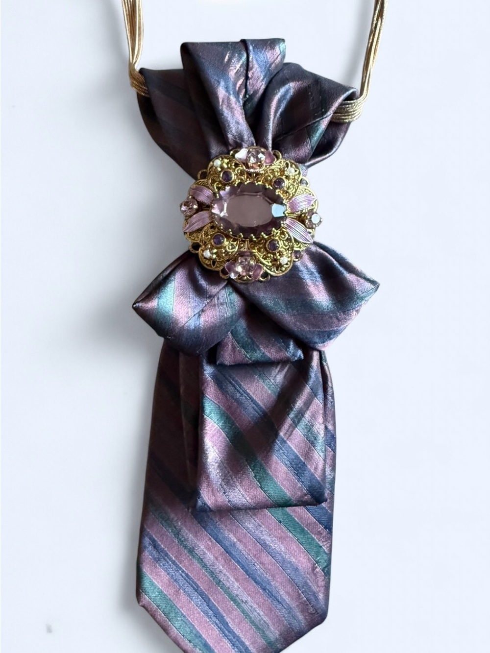 Re-Styled Yves Saint Laurent Silk Necktie Necklace w/Rare W. Germany Brooch - Picture 4 of 5